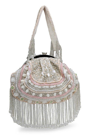 White Embellished Faux Silk Clutch