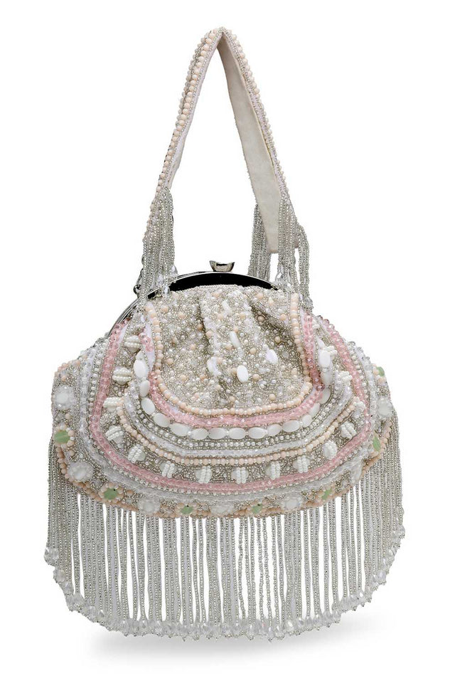 White Embellished Faux Silk Clutch