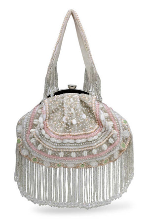 White Embellished Faux Silk Clutch