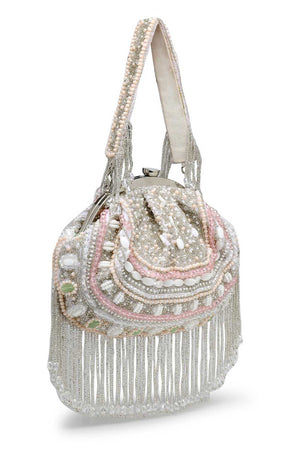 White Embellished Faux Silk Clutch