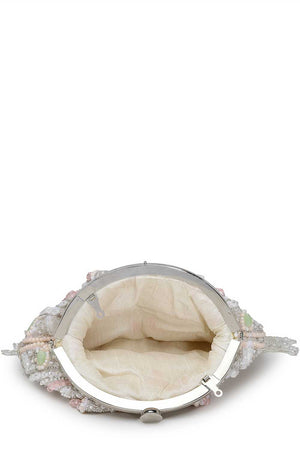 White Embellished Faux Silk Clutch