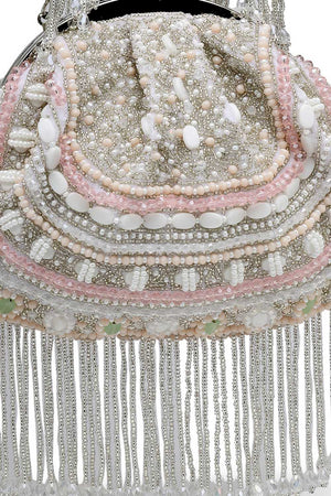 White Embellished Faux Silk Clutch