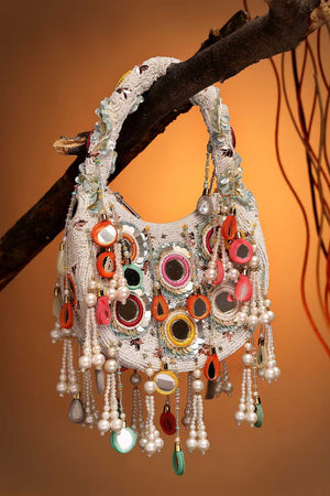 White Embellished Velvet Handbag