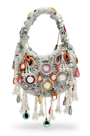 White Embellished Velvet Handbag