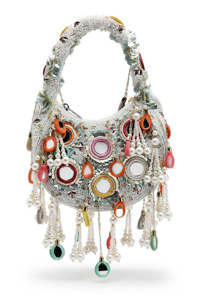 White Embellished Velvet Handbag