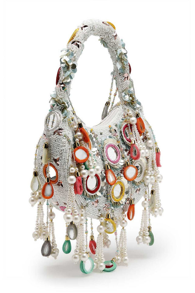 White Embellished Velvet Handbag