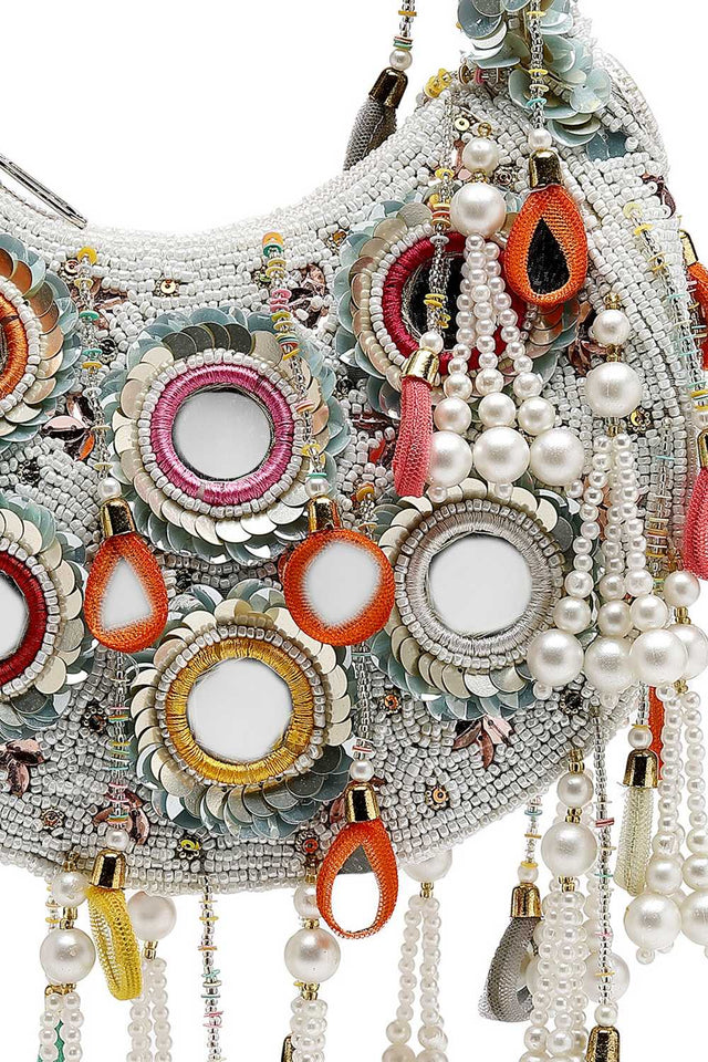 White Embellished Velvet Handbag