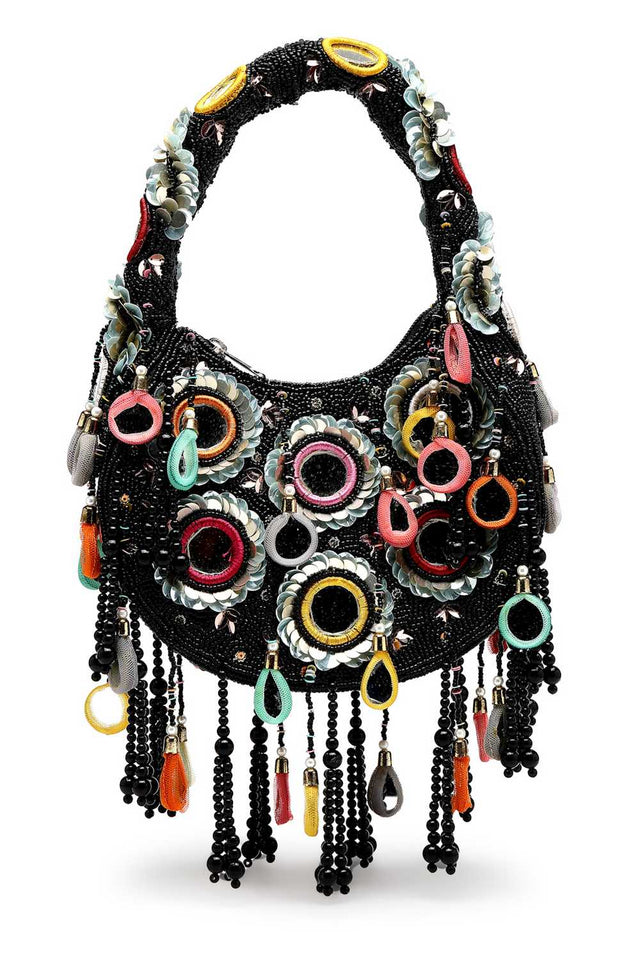 Black Embellished Velvet Handbag