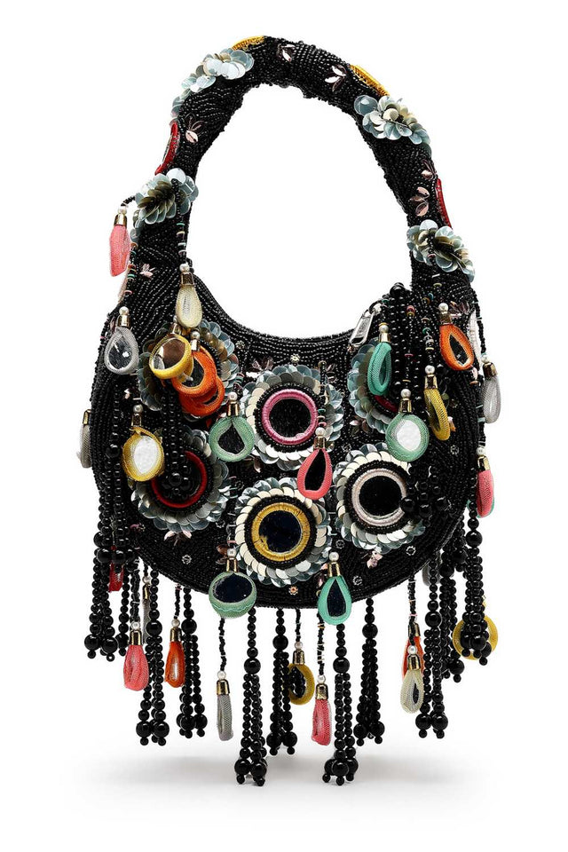 Black Embellished Velvet Handbag