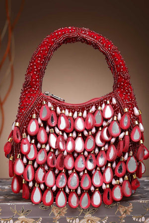 Maroon Embellished Velvet Handbag