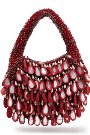 Maroon Embellished Velvet Handbag
