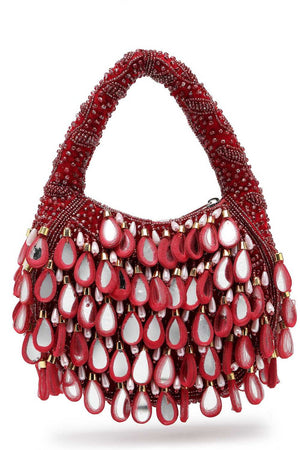 Maroon Embellished Velvet Handbag