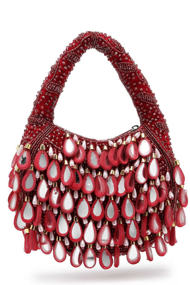 Maroon Embellished Velvet Handbag