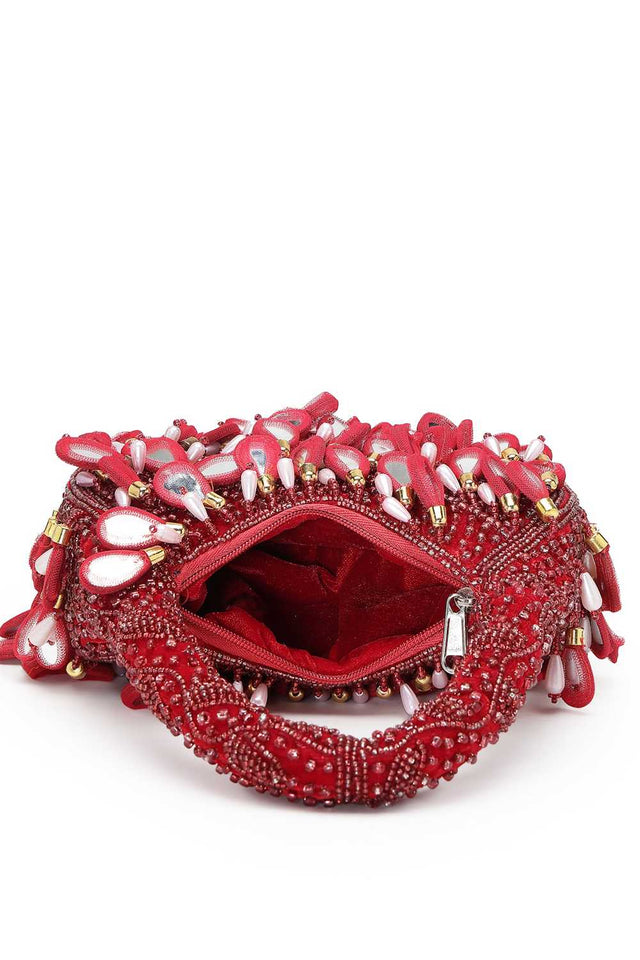 Maroon Embellished Velvet Handbag