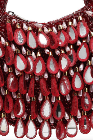 Maroon Embellished Velvet Handbag