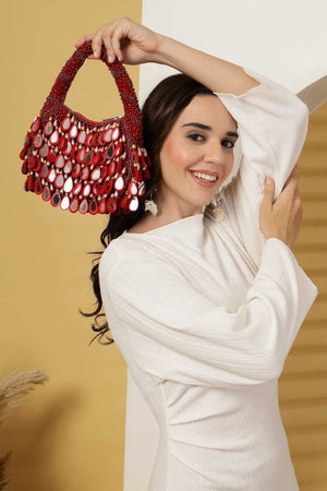 Maroon Embellished Velvet Handbag