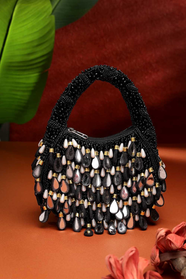 Black Embellished Velvet Handbag