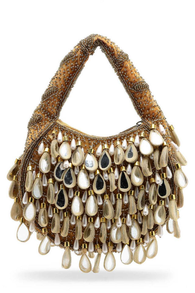 Brown Embellished Velvet Handbag