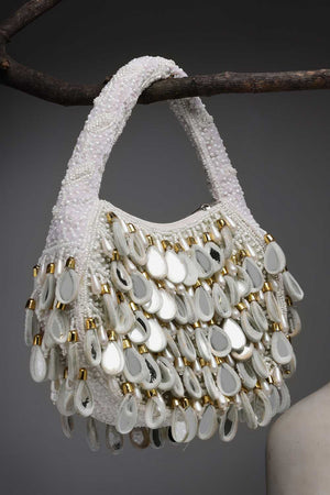 White Embellished Velvet Handbag