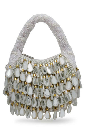 White Embellished Velvet Handbag