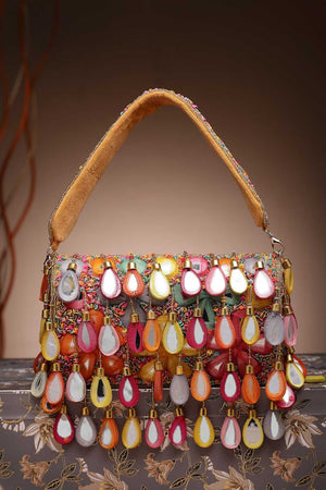 Brown Embellished Velvet Clutch