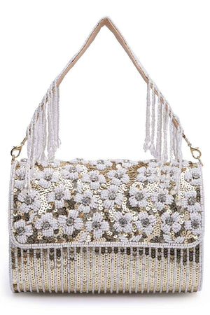Coffer Champagne And White Floral Embellished Faux Silk Clutch