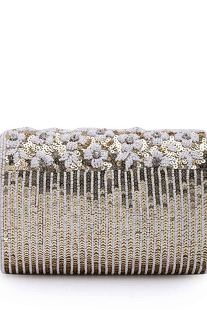 Coffer Champagne And White Floral Embellished Faux Silk Clutch