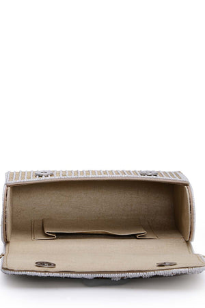 Coffer Champagne And White Floral Embellished Faux Silk Clutch