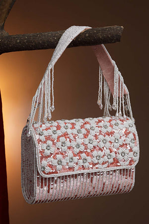 Coffer Coral And White Floral Embellished Faux Silk Clutch
