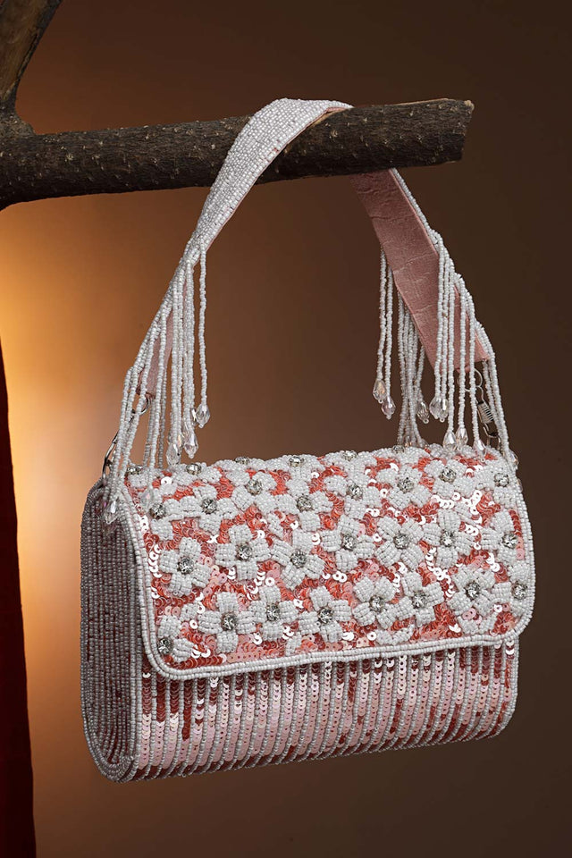 Coffer Coral And White Floral Embellished Faux Silk Clutch
