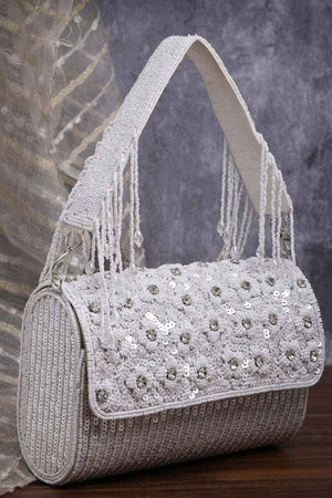 Coffer Silver And White Floral Embellished Faux Silk Clutch