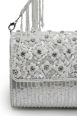 Coffer Silver And White Floral Embellished Faux Silk Clutch