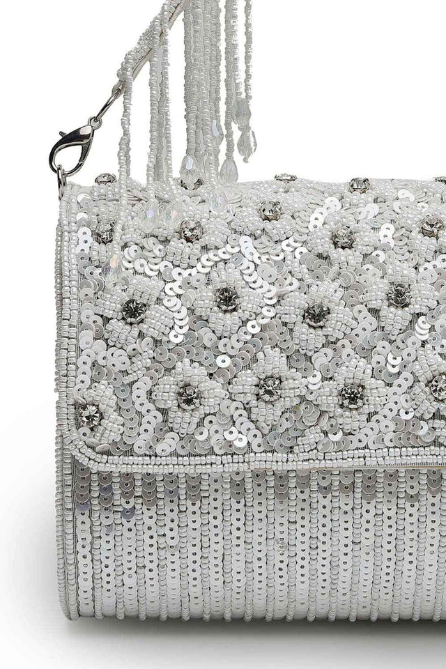 Coffer Silver And White Floral Embellished Faux Silk Clutch