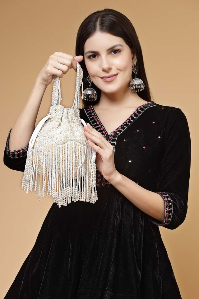 Droop Off White Pearl Embellished Velvet Potli