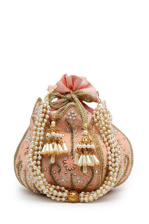 Peach Embellished Velvet Potli