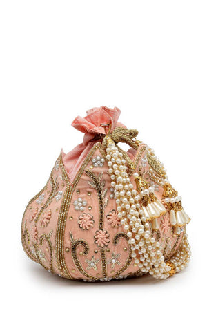 Peach Embellished Velvet Potli