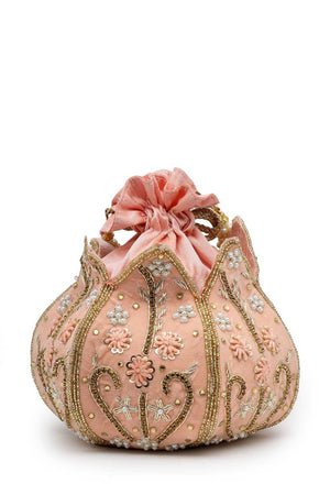 Peach Embellished Velvet Potli