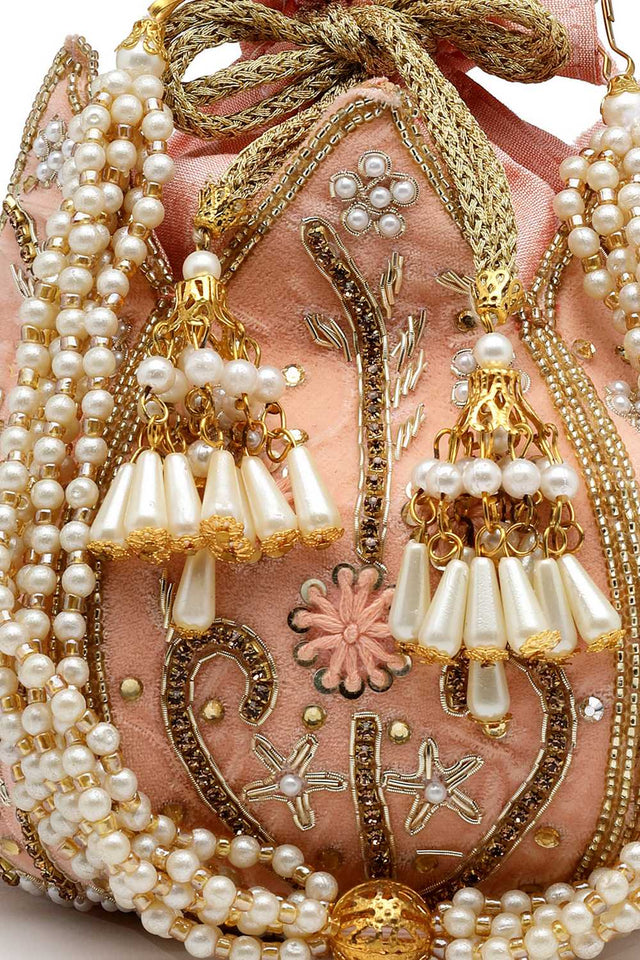 Peach Embellished Velvet Potli