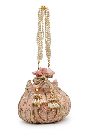 Peach Embellished Velvet Potli