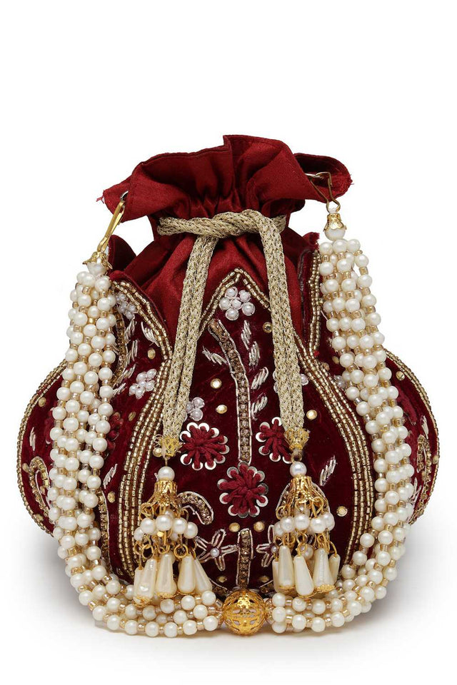 Maroon Embellished Velvet Potli