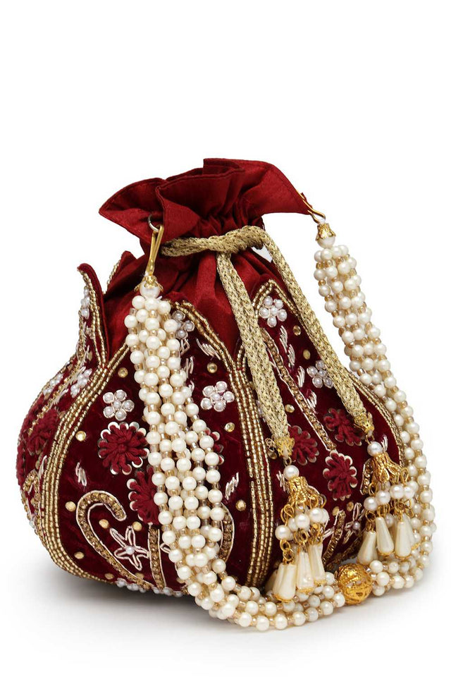 Maroon Embellished Velvet Potli