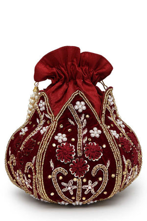 Maroon Embellished Velvet Potli