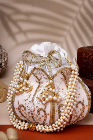 White Embellished Velvet Potli
