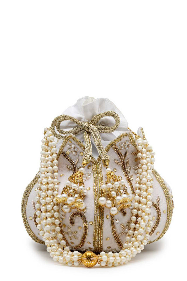 White Embellished Velvet Potli
