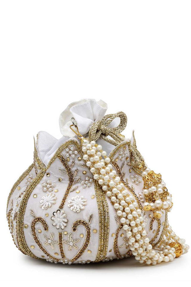 White Embellished Velvet Potli