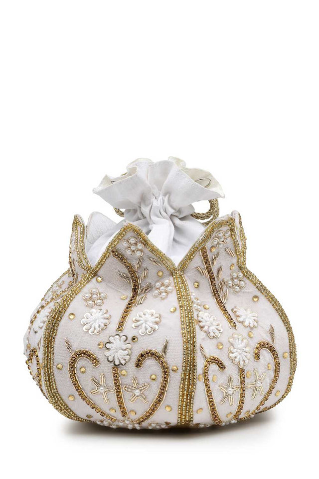 White Embellished Velvet Potli