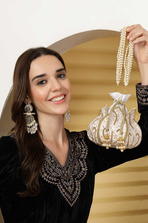 White Embellished Velvet Potli