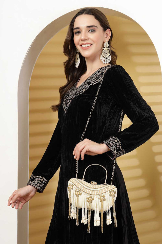 White Embellished Velvet Clutch