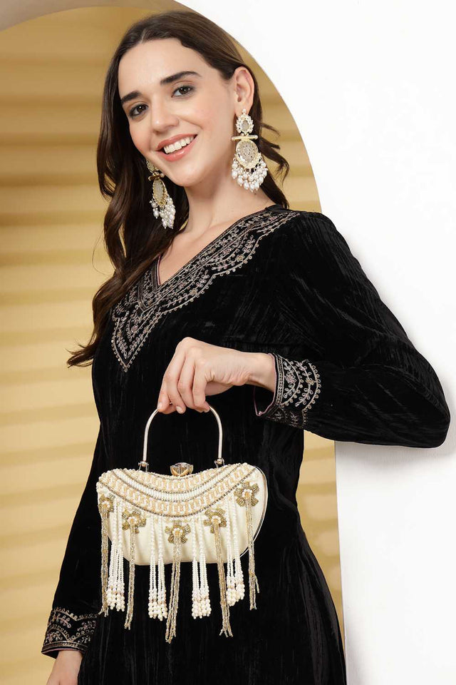 White Embellished Velvet Clutch