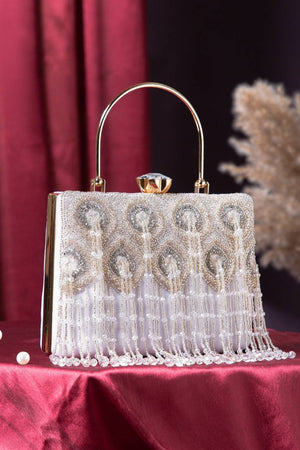 Silver Beads Embossed Velvet Clutch